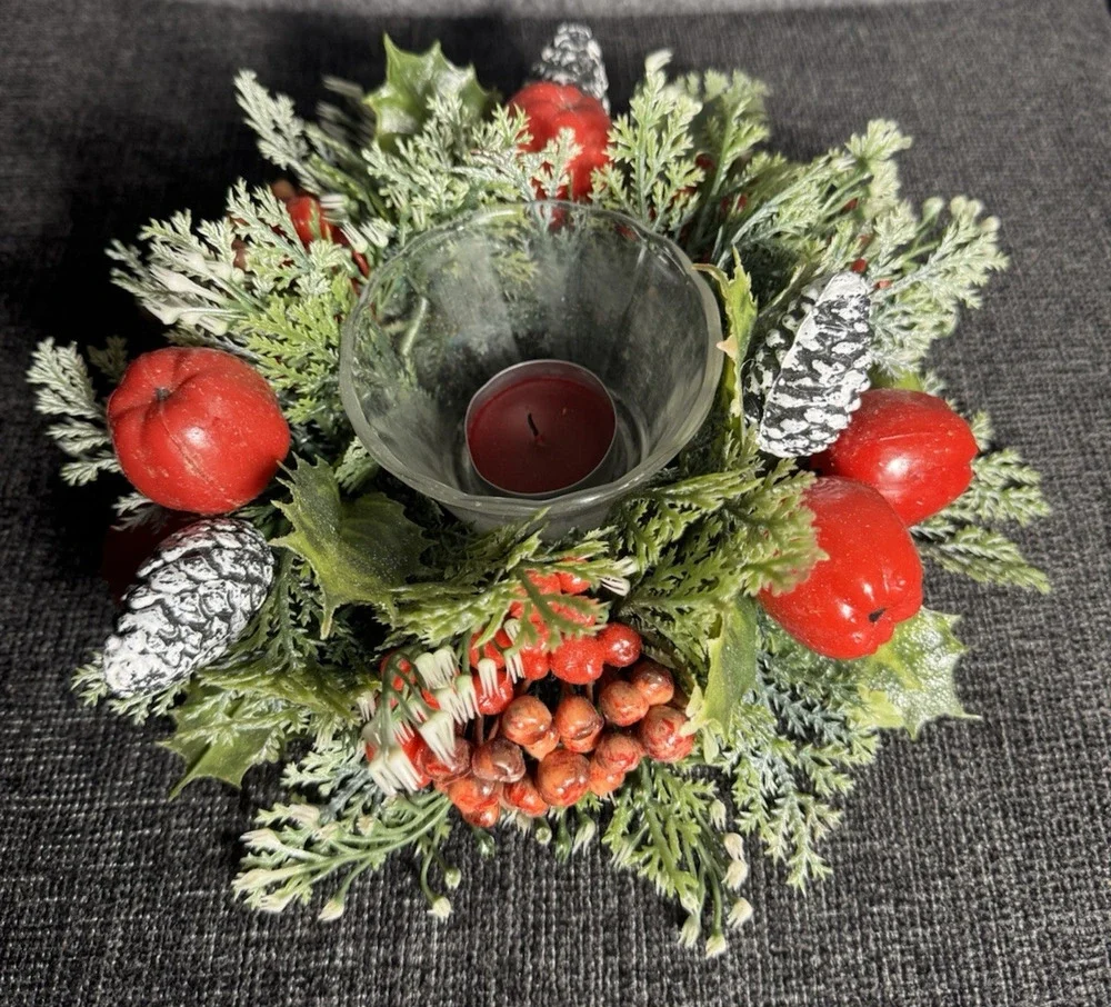 Fire King Candle Ring Plastic Christmas Pinecones Apples Holly And Berries